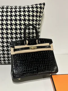 Crocodile Leather Black 25cm Glossy Gold Hardware Top Handle Tote Bag WCB131 image 2