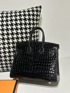 Crocodile Leather Black 25cm Glossy Gold Hardware Top Handle Tote Bag WCB131 image 3