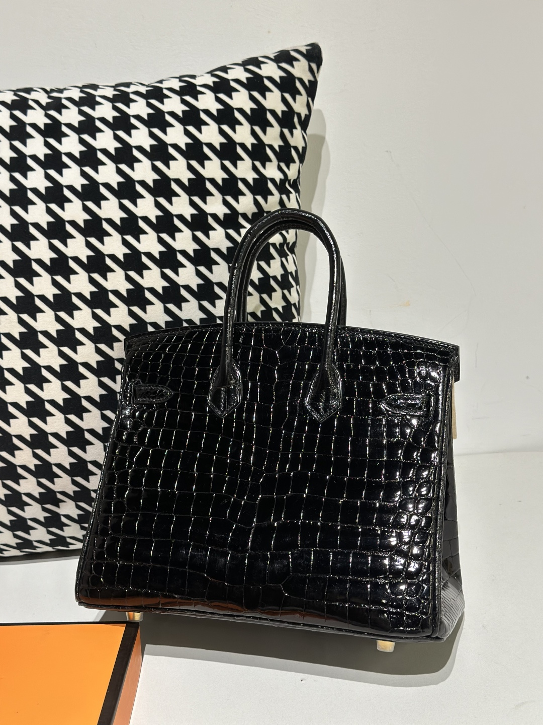 Crocodile Leather Black 25cm Glossy Gold Hardware Top Handle Tote Bag WCB131 image 3