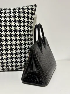 Crocodile Leather Black 25cm Glossy Gold Hardware Top Handle Tote Bag WCB131 image 4