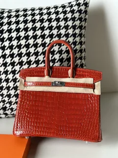 Crocodile Leather Orange 25cm Glossy Silver Hardware Top Handle Tote Bag WCB133 image 1