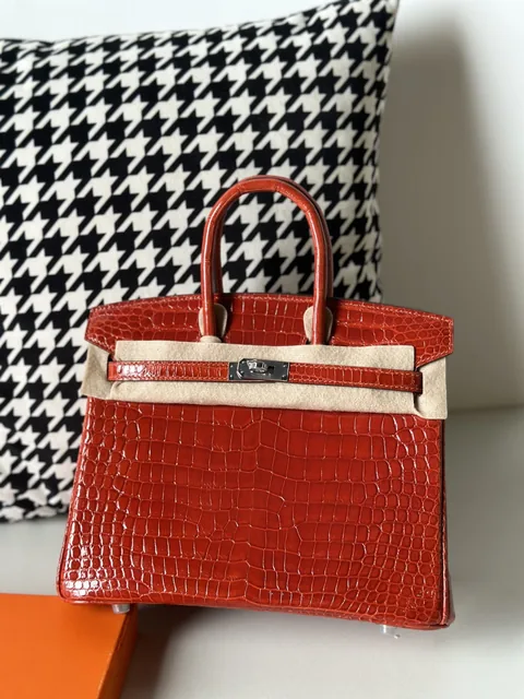 Crocodile Leather Orange 25cm Glossy Silver Hardware Top Handle Tote Bag WCB133