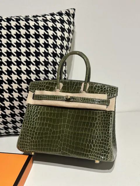Crocodile Leather Olive Green 25cm Glossy Gold Hardware Top Handle Tote Bag WCB135