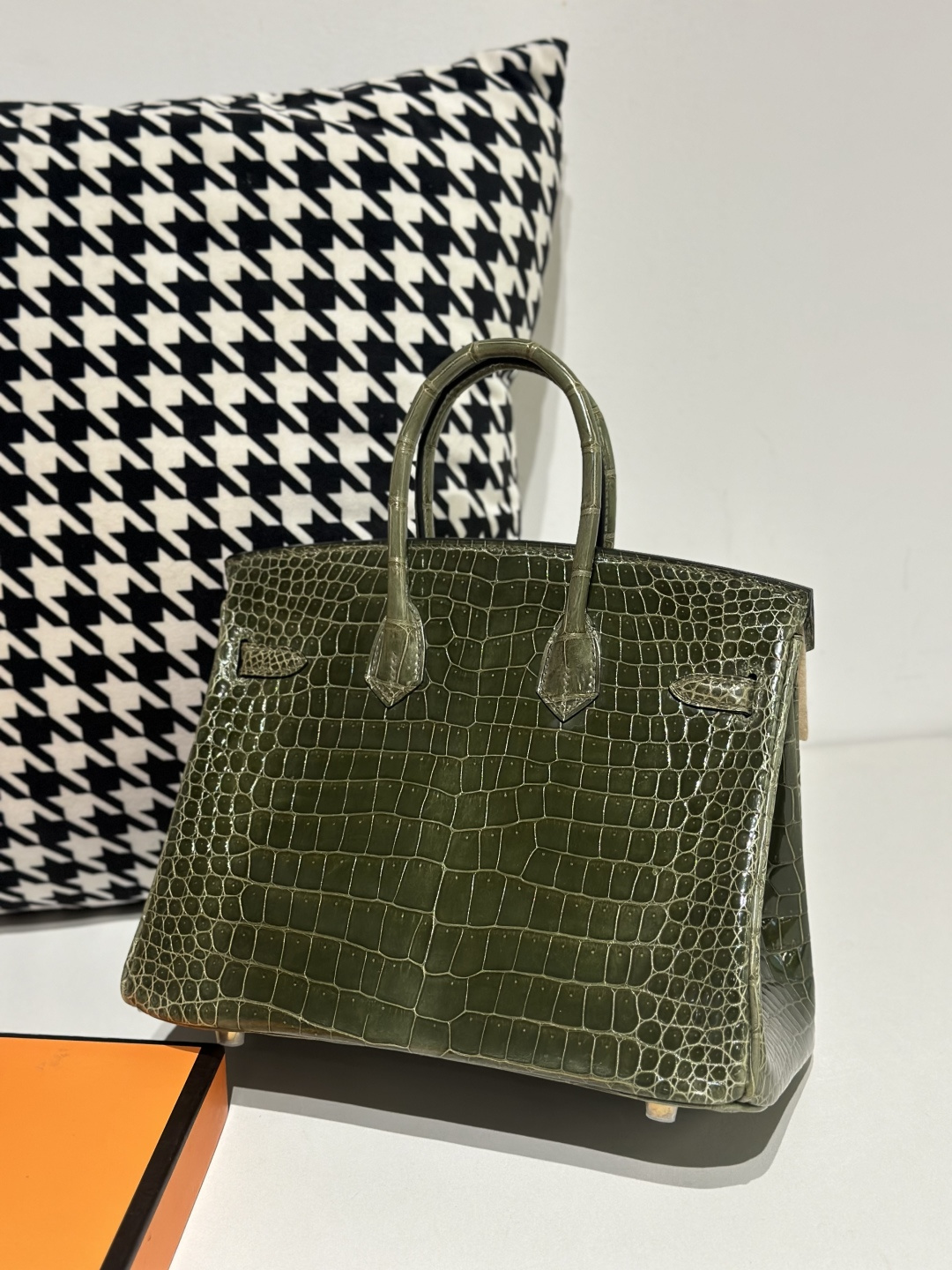 Crocodile Leather Olive Green 25cm Glossy Gold Hardware Top Handle Tote Bag WCB135 image 3