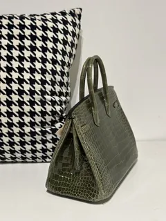 Crocodile Leather Olive Green 25cm Glossy Gold Hardware Top Handle Tote Bag WCB135 image 4