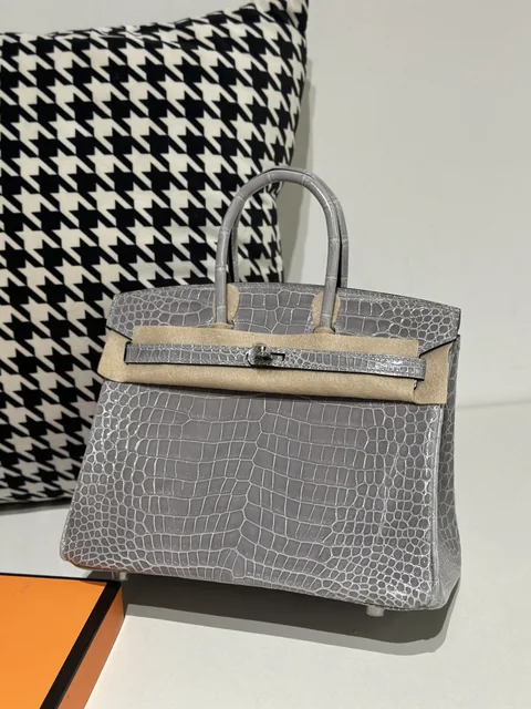Crocodile Leather Crystal Gray 25cm Glossy Silver Hardware Top Handle Tote Bag WCB136