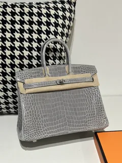Crocodile Leather Crystal Gray 25cm Glossy Silver Hardware Top Handle Tote Bag WCB136 image 2