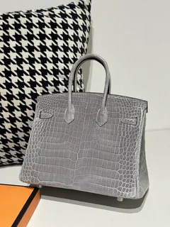 Crocodile Leather Crystal Gray 25cm Glossy Silver Hardware Top Handle Tote Bag WCB136 image 3