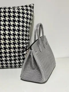 Crocodile Leather Crystal Gray 25cm Glossy Silver Hardware Top Handle Tote Bag WCB136 image 4