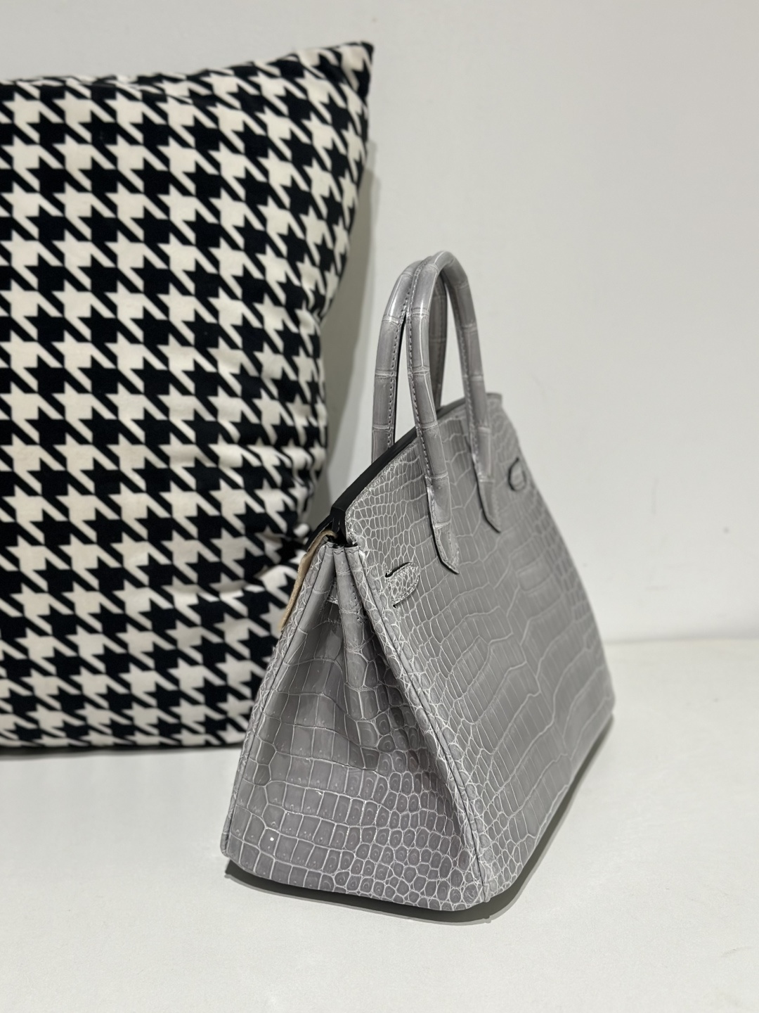 Crocodile Leather Crystal Gray 25cm Glossy Silver Hardware Top Handle Tote Bag WCB136 photo 4