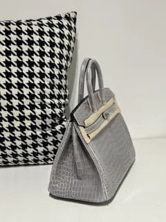 Crocodile Leather Crystal Gray 25cm Glossy Silver Hardware Top Handle Tote Bag WCB136 image 5