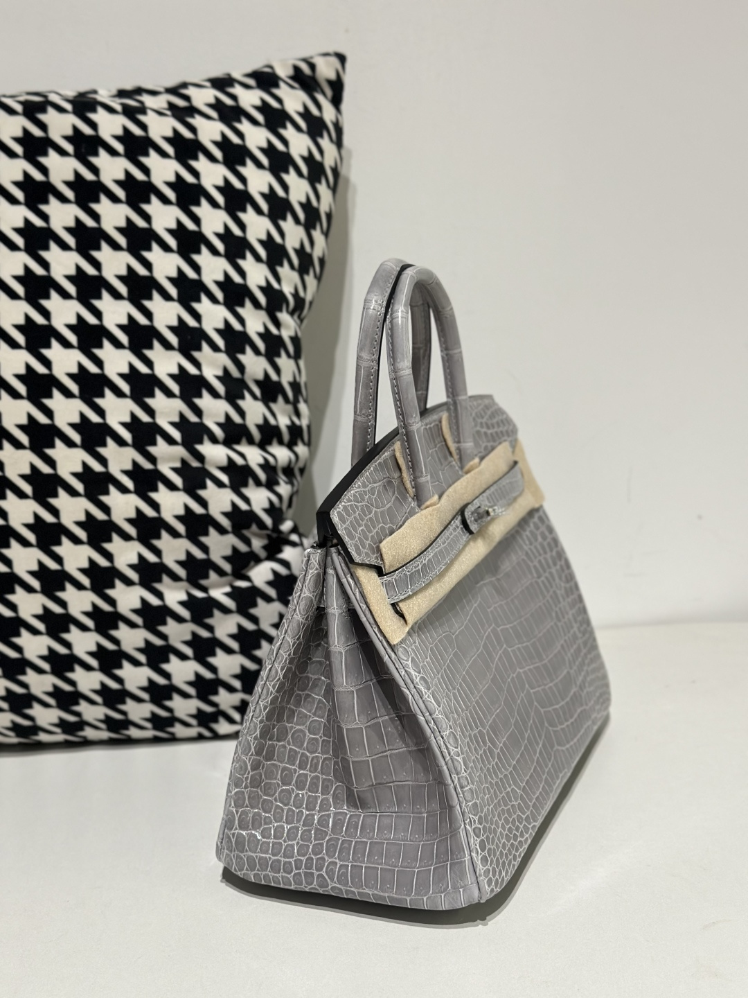Crocodile Leather Crystal Gray 25cm Glossy Silver Hardware Top Handle Tote Bag WCB136 photo 5