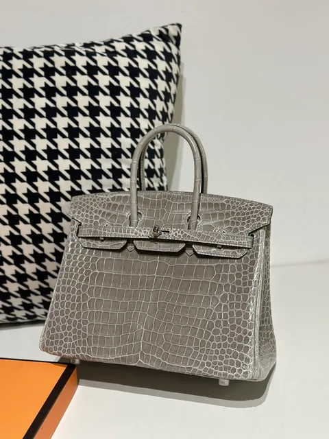 Crocodile Leather Dove Gray 25cm Glossy Silver Hardware Top Handle Tote Bag WCB137