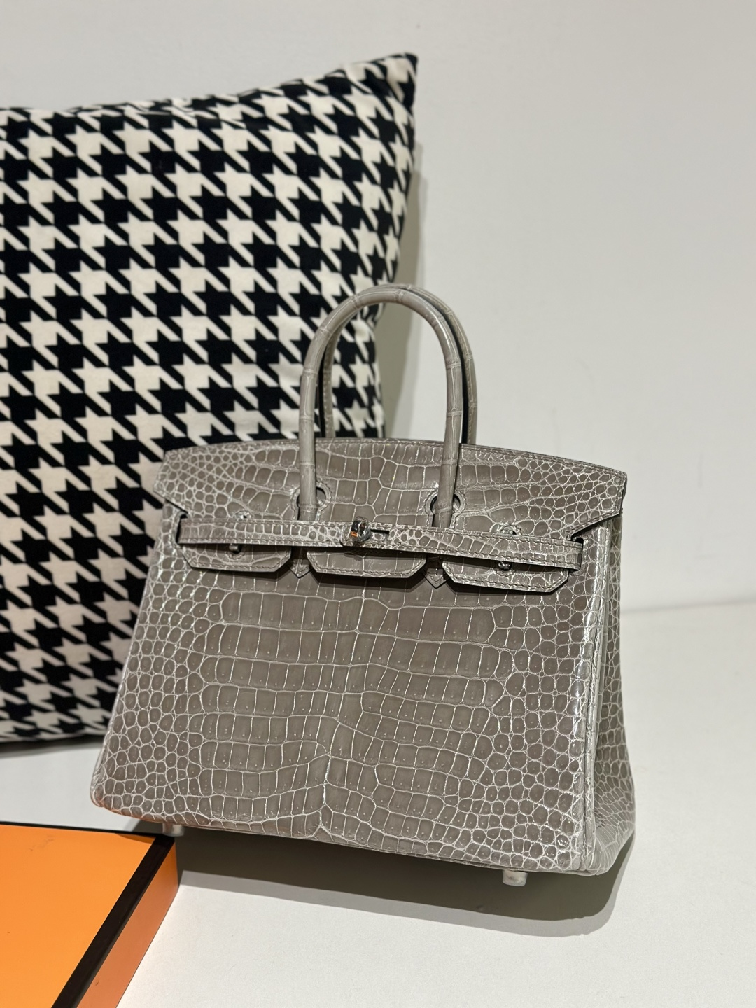Crocodile Leather Dove Gray 25cm Glossy Silver Hardware Top Handle Tote Bag WCB137