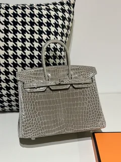 Crocodile Leather Dove Gray 25cm Glossy Silver Hardware Top Handle Tote Bag WCB137 image 2