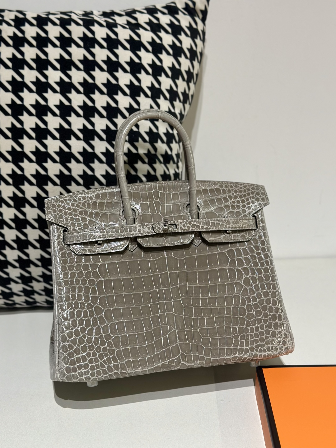 Crocodile Leather Dove Gray 25cm Glossy Silver Hardware Top Handle Tote Bag WCB137 image 2