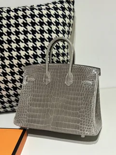 Crocodile Leather Dove Gray 25cm Glossy Silver Hardware Top Handle Tote Bag WCB137 image 3