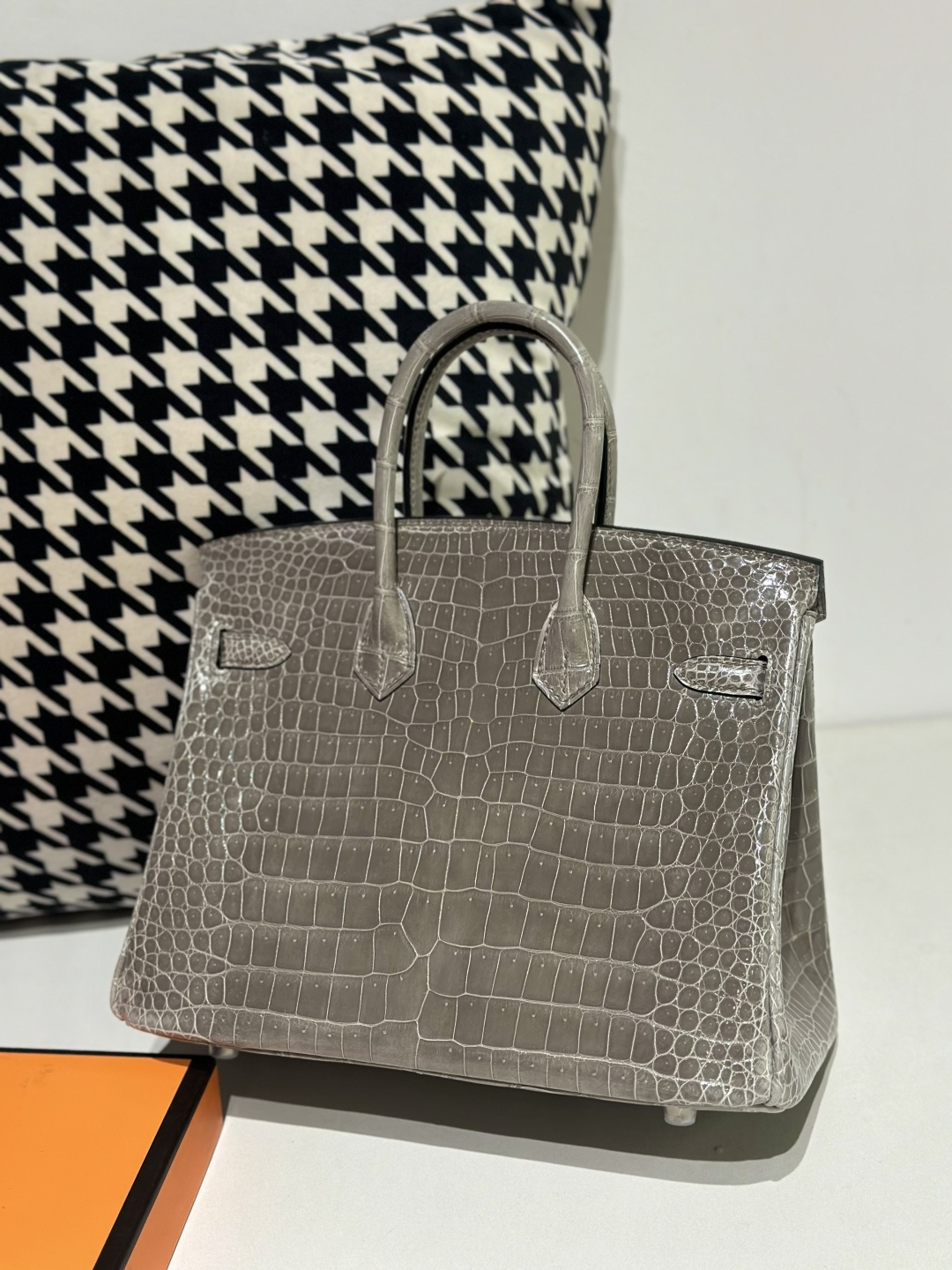 Crocodile Leather Dove Gray 25cm Glossy Silver Hardware Top Handle Tote Bag WCB137 image 3