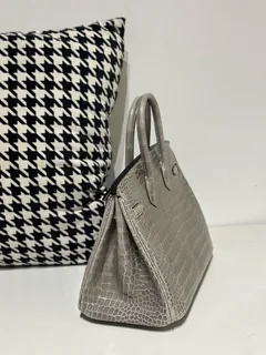 Crocodile Leather Dove Gray 25cm Glossy Silver Hardware Top Handle Tote Bag WCB137 image 4
