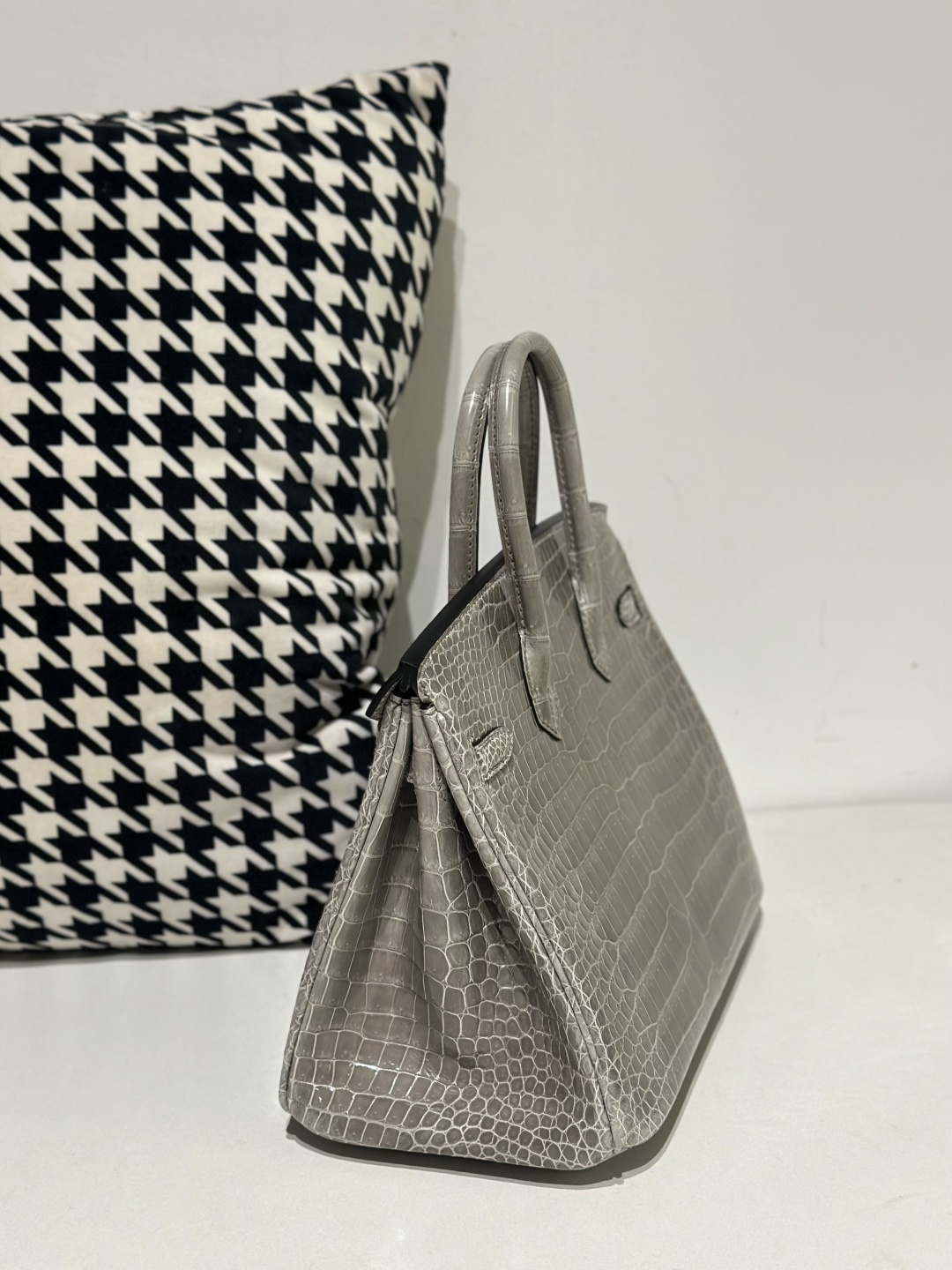 Crocodile Leather Dove Gray 25cm Glossy Silver Hardware Top Handle Tote Bag WCB137 image 4