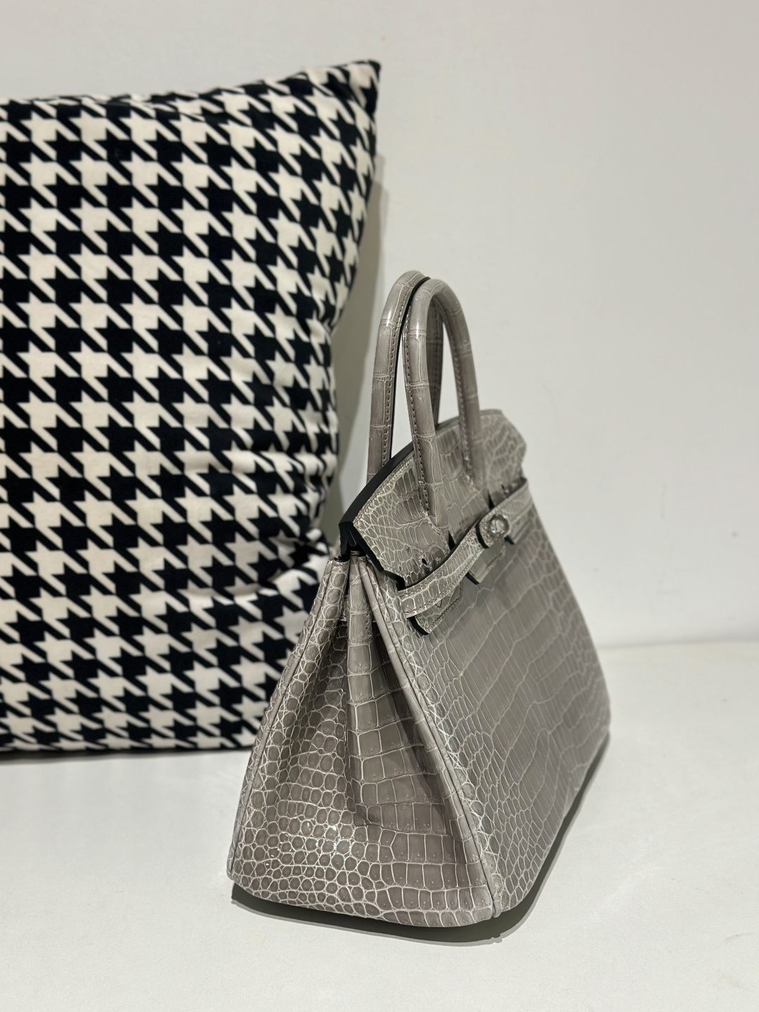 Crocodile Leather Dove Gray 25cm Glossy Silver Hardware Top Handle Tote Bag WCB137 image 5