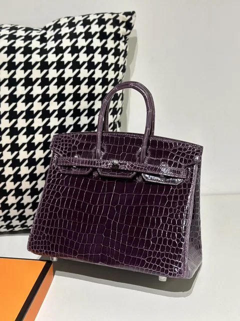 Crocodile Leather Purple 25cm Glossy Silver Hardware Top Handle Tote Bag WCB138