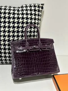 Crocodile Leather Purple 25cm Glossy Silver Hardware Top Handle Tote Bag WCB138 image 2
