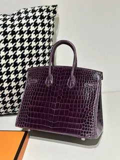 Crocodile Leather Purple 25cm Glossy Silver Hardware Top Handle Tote Bag WCB138 image 3