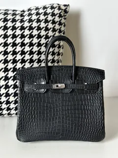 Crocodile Leather Black 25cm Matte Silver Hardware Top Handle Tote Bag WCB140 image 1
