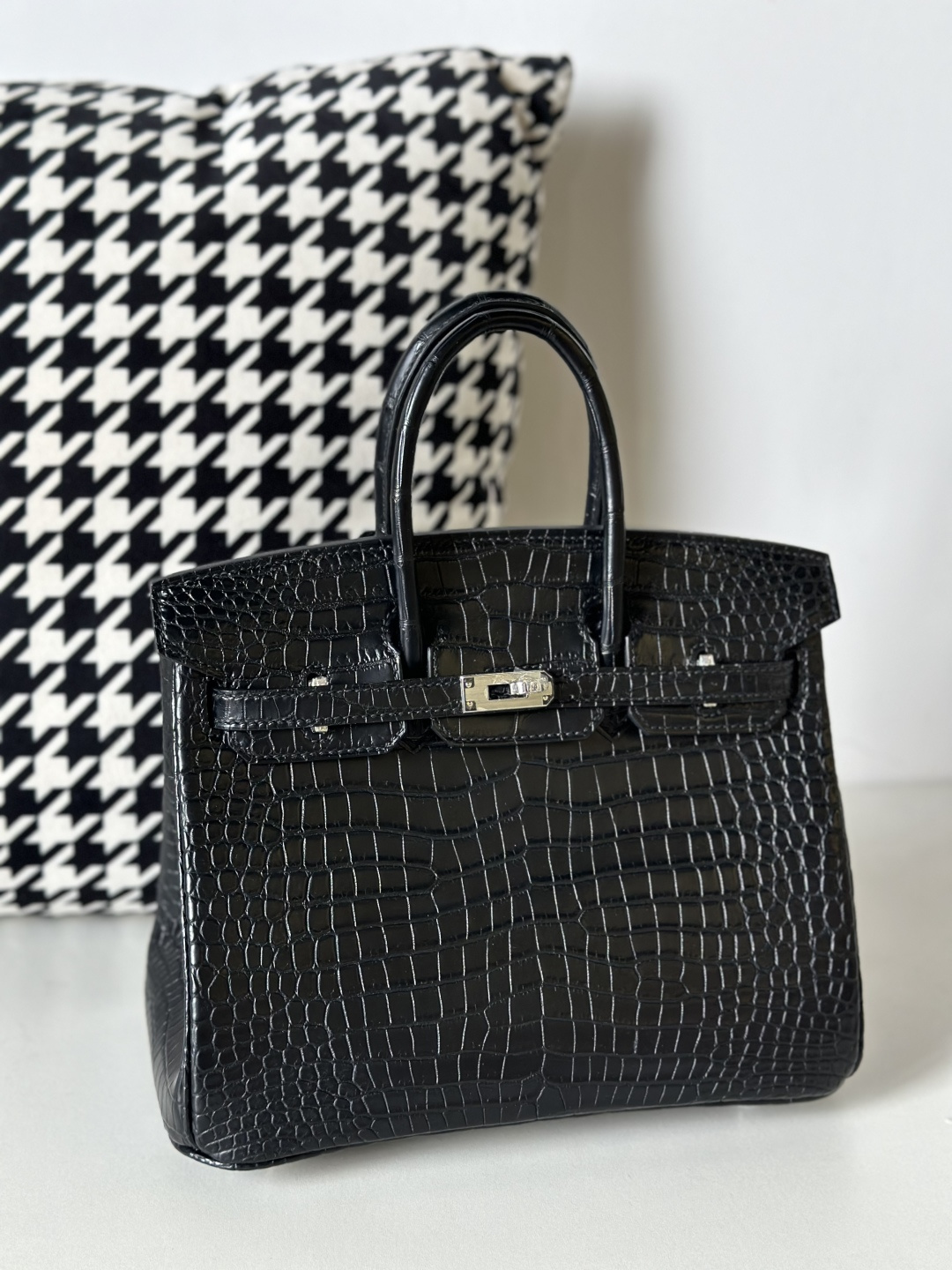 Crocodile Leather Black 25cm Matte Silver Hardware Top Handle Tote Bag WCB140 image 2