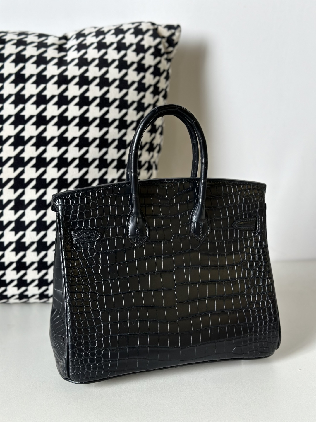 Crocodile Leather Black 25cm Matte Silver Hardware Top Handle Tote Bag WCB140 image 4