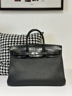Crocodile Leather Black 40cm Matte Mixed Leather Silver Hardware Top Handle Tote Bag WCB149 image 1