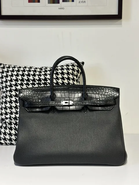 Crocodile Leather Black 40cm Matte Mixed Leather Silver Hardware Top Handle Tote Bag WCB149