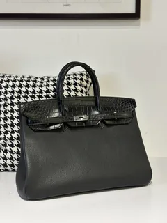 Crocodile Leather Black 40cm Matte Mixed Leather Silver Hardware Top Handle Tote Bag WCB149 image 2