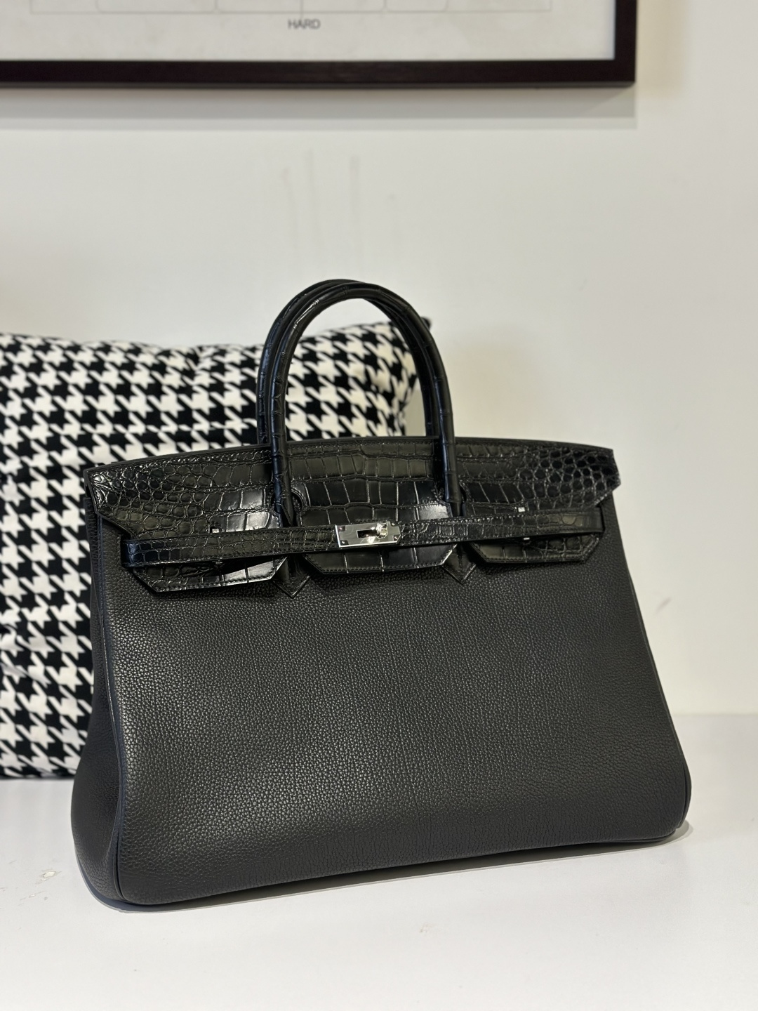 Crocodile Leather Black 40cm Matte Mixed Leather Silver Hardware Top Handle Tote Bag WCB149 image 2