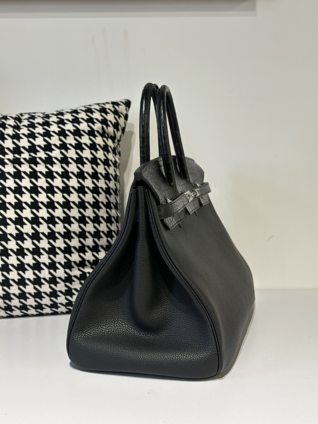 Crocodile Leather Black 40cm Matte Mixed Leather Silver Hardware Top Handle Tote Bag WCB149 image 5