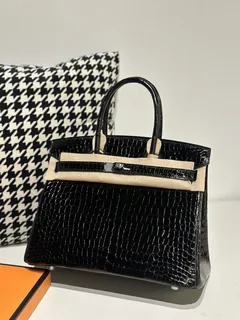 Crocodile Leather Black 30cm Glossy Silver Hardware Top Handle Tote Bag WCB150 image 1
