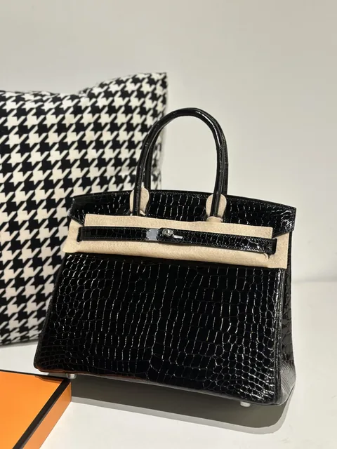 Crocodile Leather Black 30cm Glossy Silver Hardware Top Handle Tote Bag WCB150