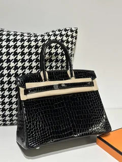 Crocodile Leather Black 30cm Glossy Silver Hardware Top Handle Tote Bag WCB150 image 2