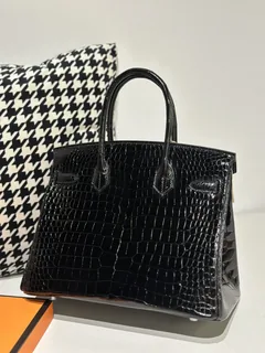 Crocodile Leather Black 30cm Glossy Silver Hardware Top Handle Tote Bag WCB150 image 3