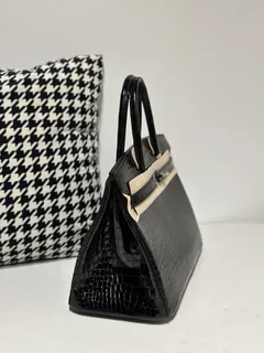 Crocodile Leather Black 30cm Glossy Silver Hardware Top Handle Tote Bag WCB150 image 5