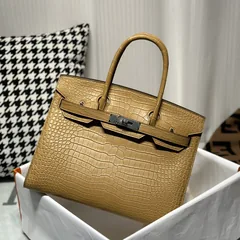 Crocodile Leather Milk Tea Beige 30cm Matte Gold Hardware Top Handle Tote Bag WCB151 image 1
