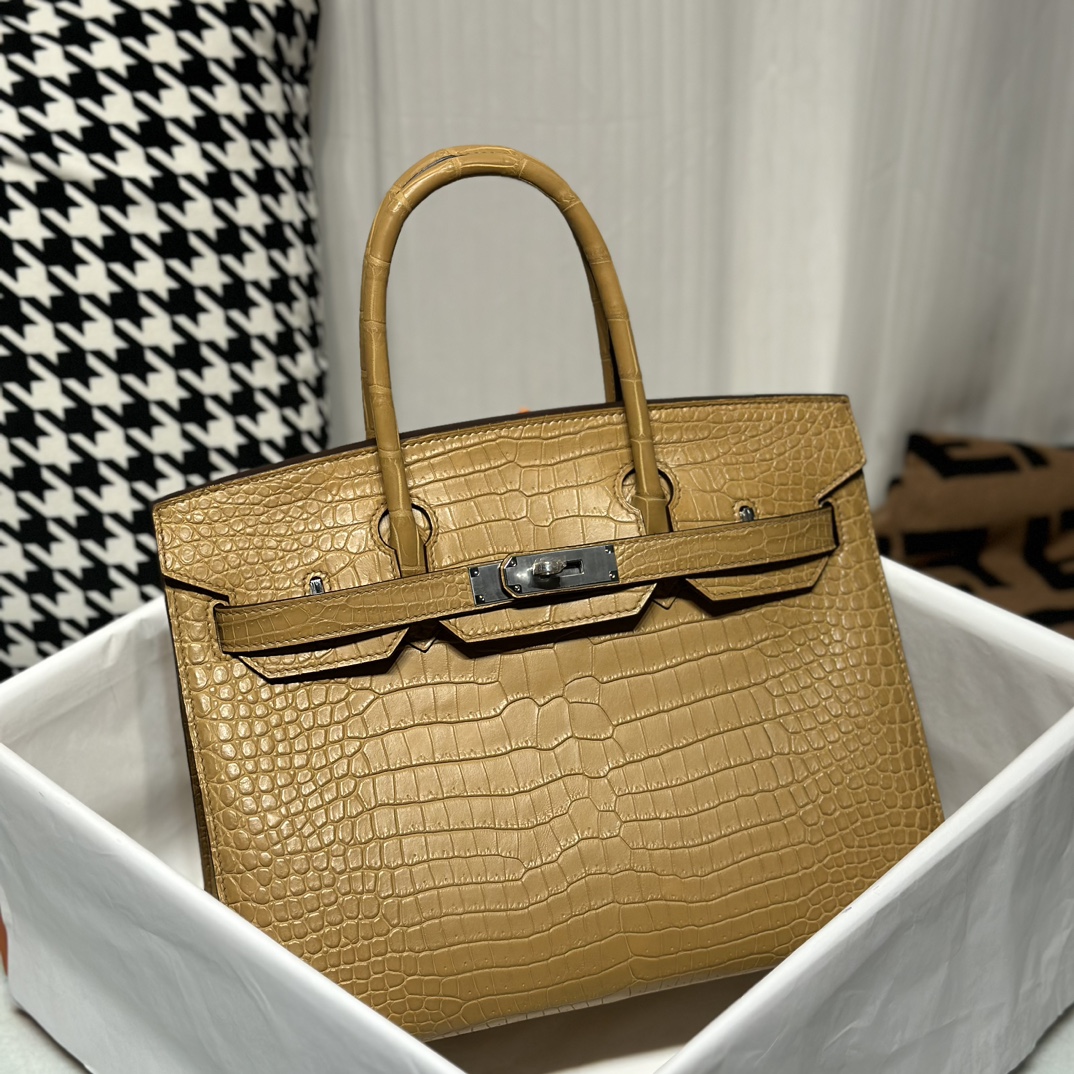 Crocodile Leather Milk Tea Beige 30cm Matte Gold Hardware Top Handle Tote Bag WCB151 photo 2