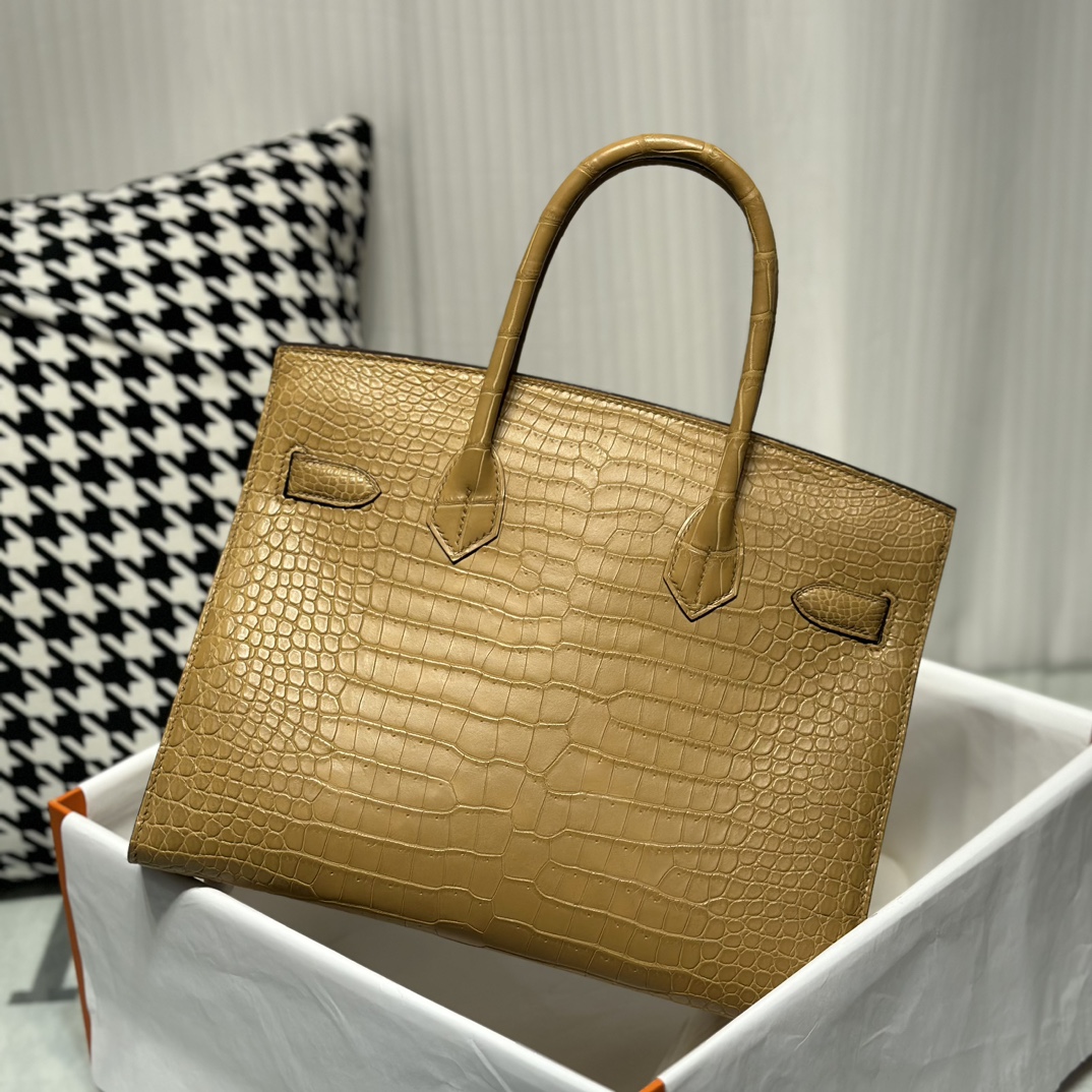 Crocodile Leather Milk Tea Beige 30cm Matte Gold Hardware Top Handle Tote Bag WCB151 photo 3
