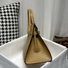 Crocodile Leather Milk Tea Beige 30cm Matte Gold Hardware Top Handle Tote Bag WCB151 image 5