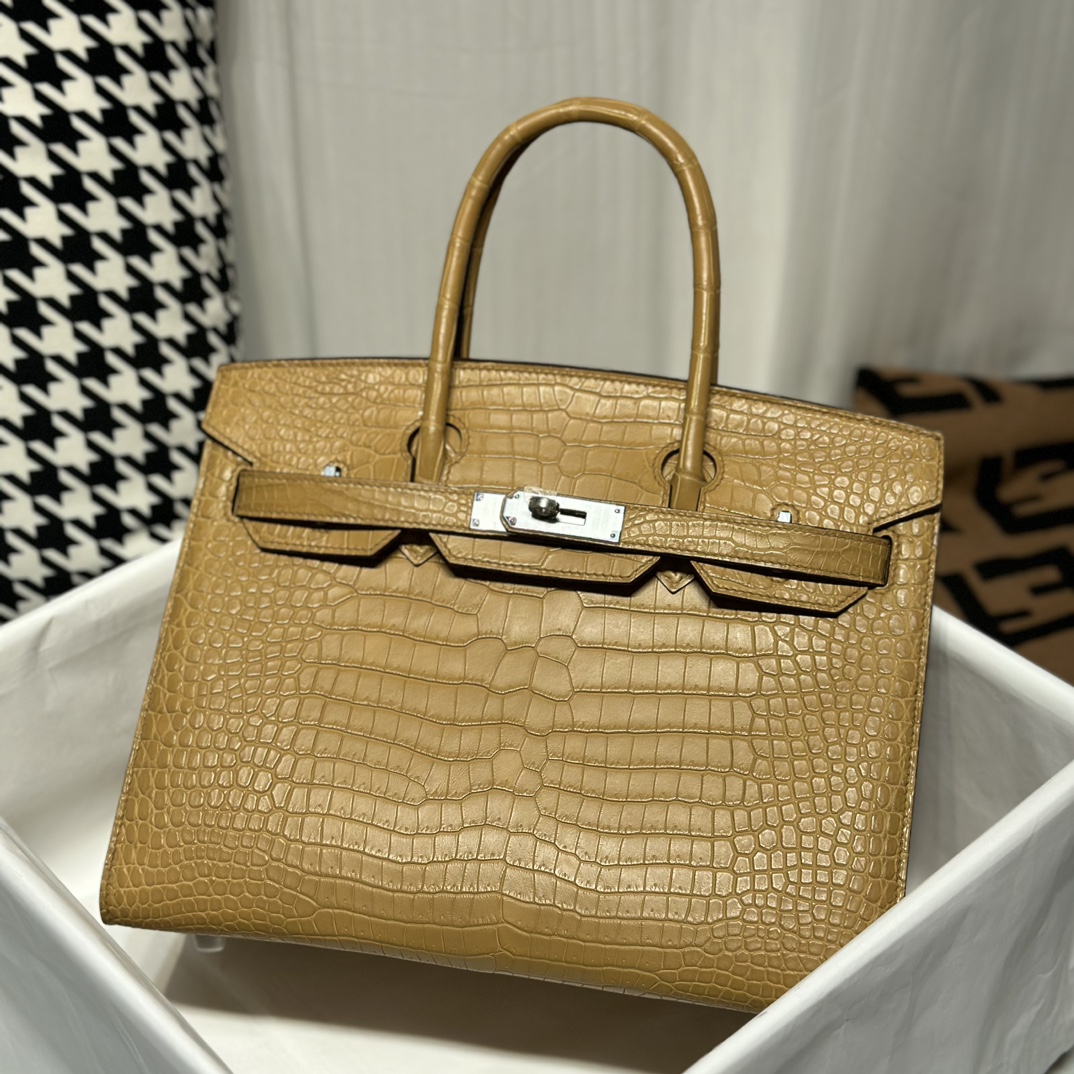 Crocodile Leather Milk Tea Beige 30cm Matte Gold Hardware Top Handle Tote Bag WCB151 photo 7