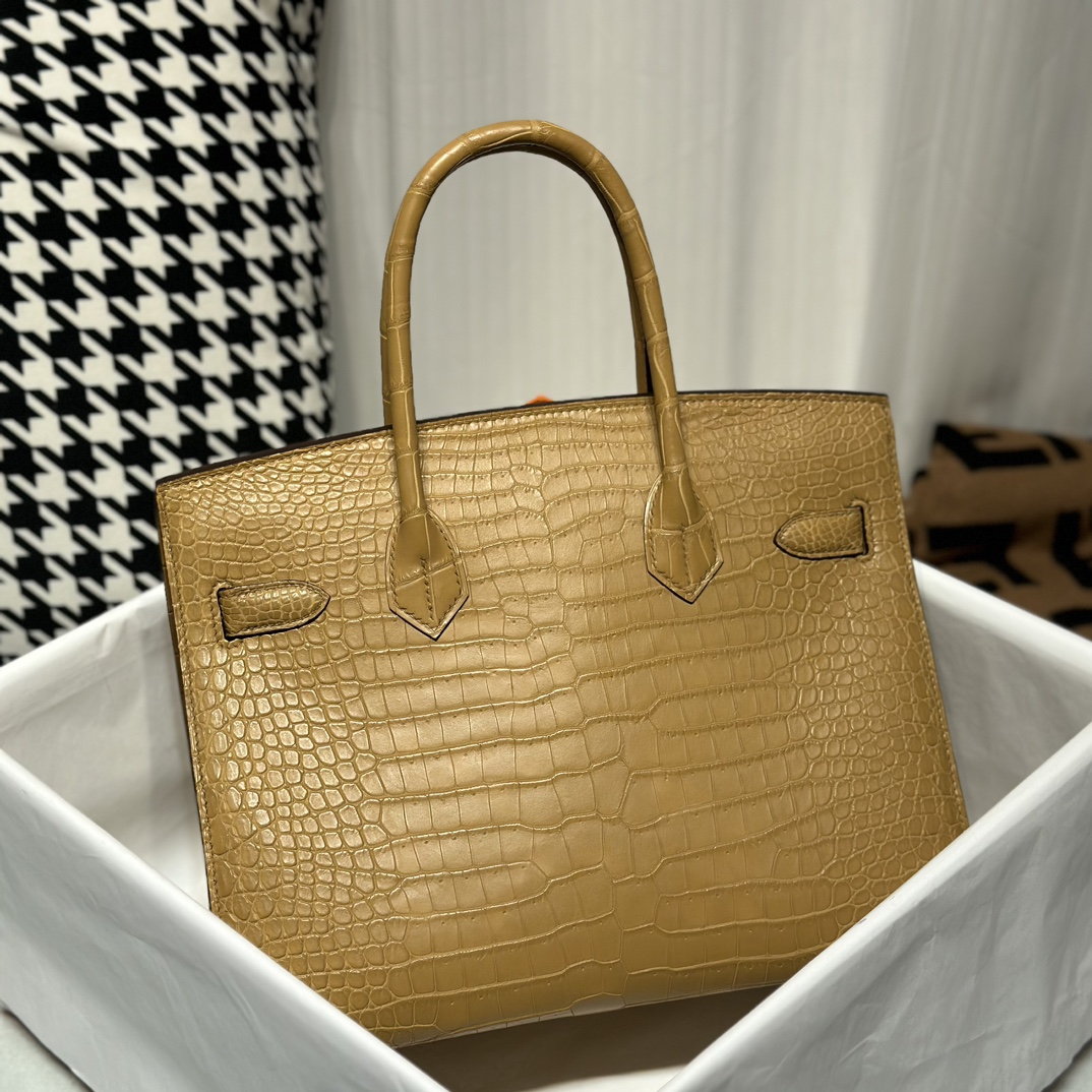 Crocodile Leather Milk Tea Beige 30cm Matte Gold Hardware Top Handle Tote Bag WCB151 photo 8