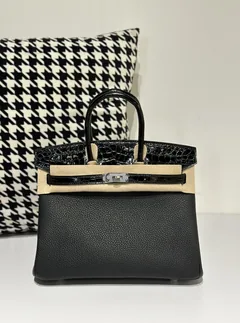 Crocodile Leather Black 25cm Glossy Mixed Leather Silver Hardware Top Handle Tote Bag WCB153 image 1