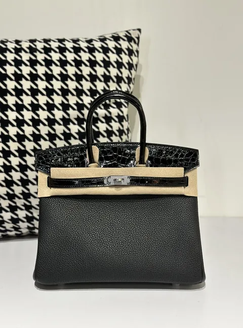 Crocodile Leather Black 25cm Glossy Mixed Leather Silver Hardware Top Handle Tote Bag WCB153