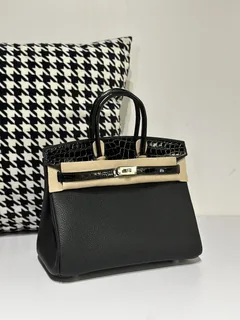 Crocodile Leather Black 25cm Glossy Mixed Leather Silver Hardware Top Handle Tote Bag WCB153 image 2
